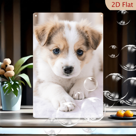 8x12 Inches Cute Fluffy White and Tan Puppy with Blue Eyes Wall Art Metal Print, Soft Pink Background, Adorable Pet Photography for Home Decor