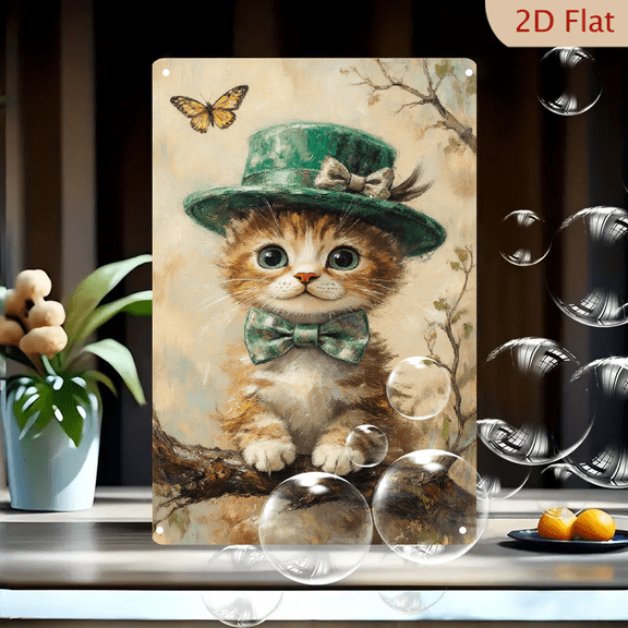 8x12 Inches Cute Kitten in Green Top Hat with Butterfly, Watercolor Style Wall Art, Fluffy Orange and White Cat on Tree Branch, Whimsical Spring Decor for Living Room, Nursery, or Office