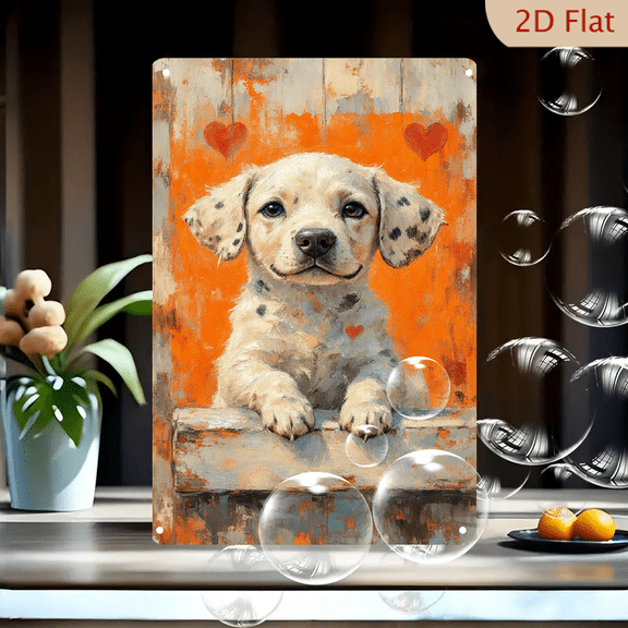 8x12 Inches Dalmatian Puppy Art Print on Metal, Cute Dog with Black Spots Resting on Fence, Oil Painting Style Wall Decor for Home Office, Vibrant Orange Background with Red Hearts