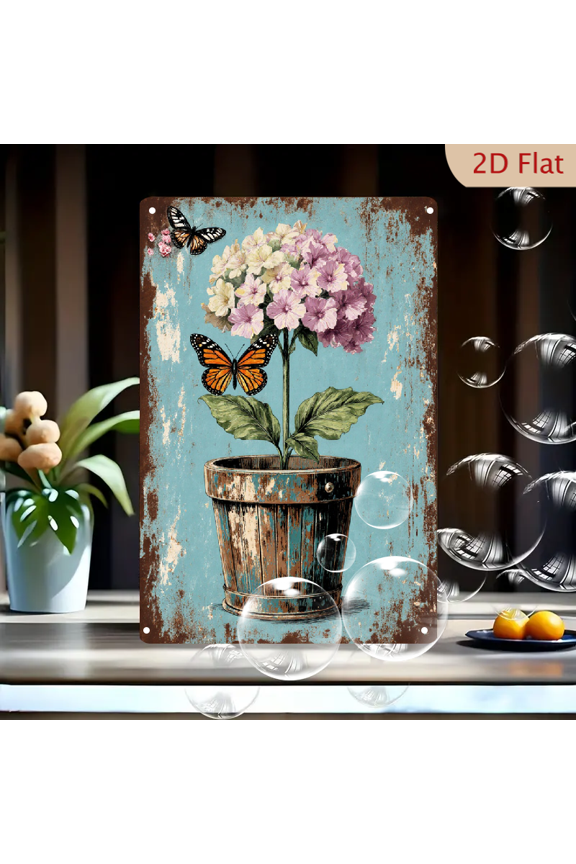 8x12 Inches Distressed Metal Wall Art, Vintage Teal & Brown Barrel with Lavender Hydrangea, Pink Blossoms and Butterflies, Rustic Floral Home Decor for Living Room, Kitchen, Bathroom