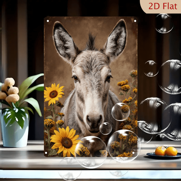 8x12 Inches Donkey with Yellow Flowers Rustic Pastoral Wall Art, Painterly Portrait of Gentle Donkey Head and Shoulders on Warm Brown Background with Sunflowers and Goldenrod, Metal Tin Sign for Farm