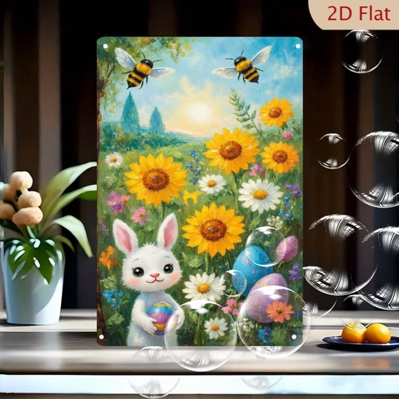 8x12 Inches Easter Bunny with Colorful Egg in Sunflower Meadow Wall Art, Vibrant Spring Floral Landscape with Bees and Hills, Cute White Rabbit Decor for Home, Farmhouse & Holiday Party, Metal Tin Si