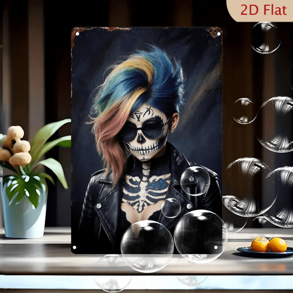 8x12 Inches Edgy Punk Skull Face with Colorful Mohawk, Gothic Biker Jacket Art Print on Metal Wall Decor, Day of the Dead Vibes for Home Studio