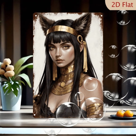 8x12 Inches Egyptian Goddess Metal Wall Art, Ancient Fantasy Woman with Cat Ears and Gold Jewelry, Vintage Distressed Background, Regal Mystical Portrait for Home Decor