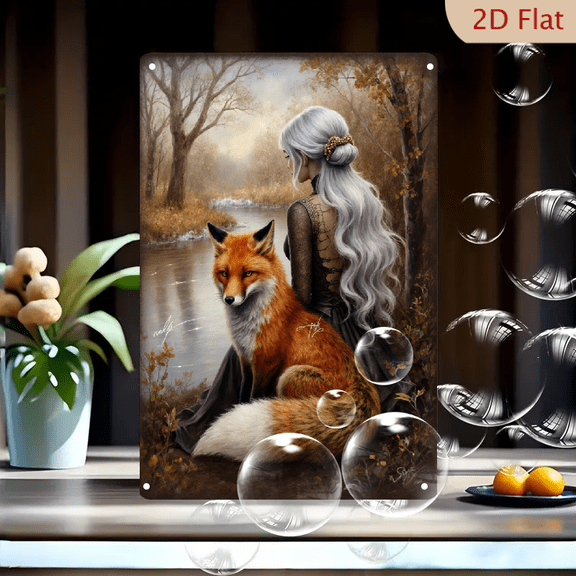 8x12 Inches Fantasy Art Canvas Wall Decor, Serene Autumn Forest Scene with Woman in Gothic Gown and Majestic Red Fox by Riverbank, Ethereal Misty Landscape Metal Print for Living Room Bedroom
