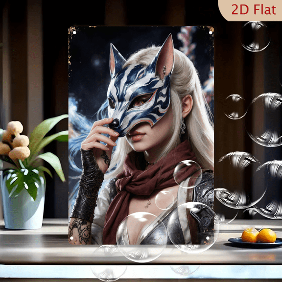 8x12 Inches Fantasy Kitsune Fox Mask Cosplay Art Print, Silver Armor & Red Scarf, Mystical Blue Mist Background, Metallic Wall Decor for Bedroom Living Room