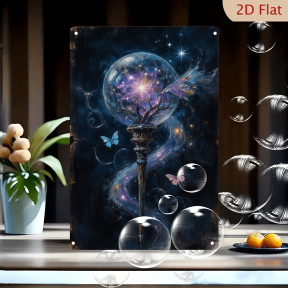 8x12 Inches Fantasy Magic Staff Wall Art, Cosmic Galaxy Crystal Sphere Metal Tin Sign, Mystical Purple Blue Nebula with Butterflies for Home Decor