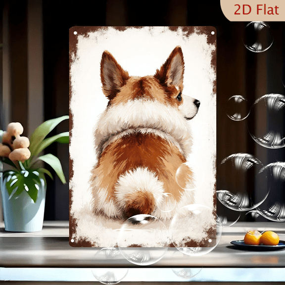 8x12 Inches Fluffy Corgi Dog from Behind Reddish Brown and White Artistic Textured Painting Distressed Off-White Background Framed Wall Decor Metal Tin Sign