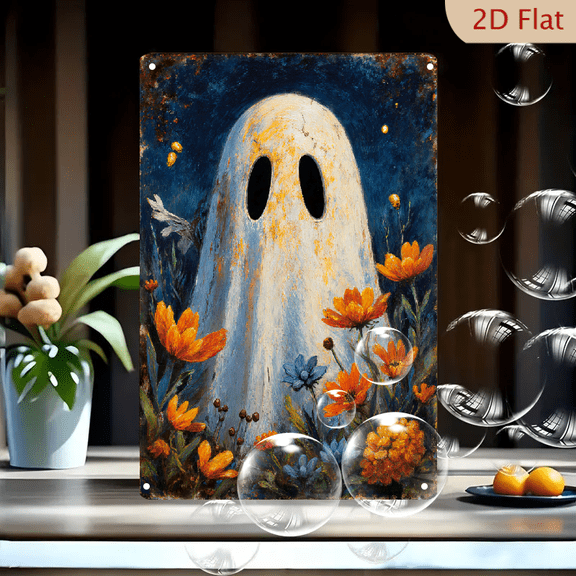 8x12 Inches Folk Art Ghost Painting, Whimsical Halloween Wall Decor with Marigolds & Night Sky, Rustic Textured Canvas Print for Home Office