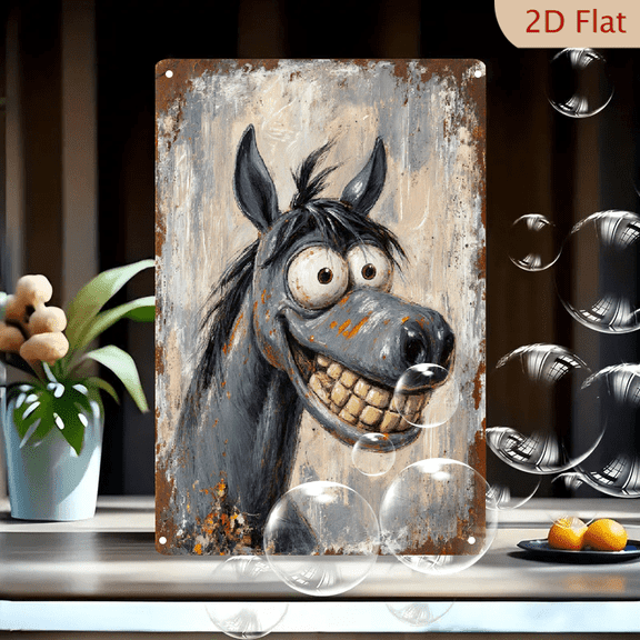 8x12 Inches Funny Cartoon Horse Portrait Painting on Metal, Whimsical Manic Expression with Rusty Vintage Texture, Gritty Industrial Wall Art for Home Office Decor