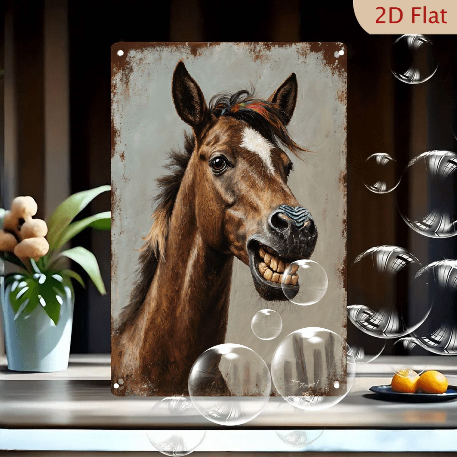 8x12 Inches Funny Chestnut Horse Portrait with Human Smile, Rustic ...
