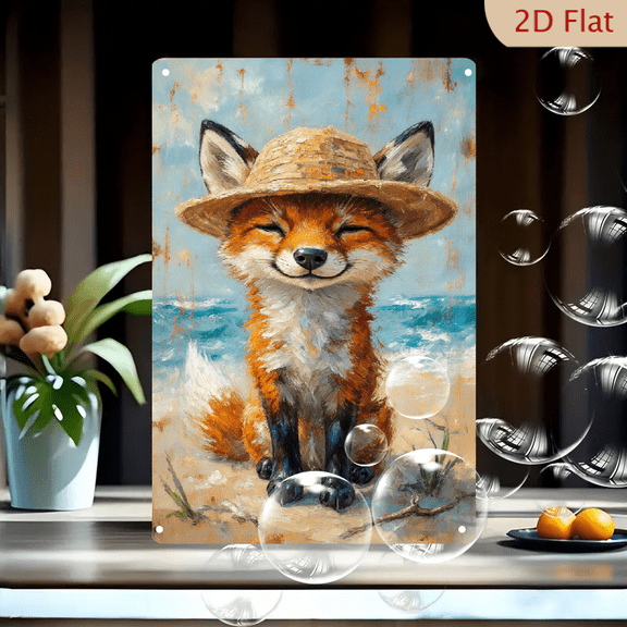 8x12 Inches Funny Fox Art Print, Impressionist Orange Fox in Straw Hat on Beach with Blue Sky and Waves, Rust Drip Texture Canvas Wall Decor for Living Room