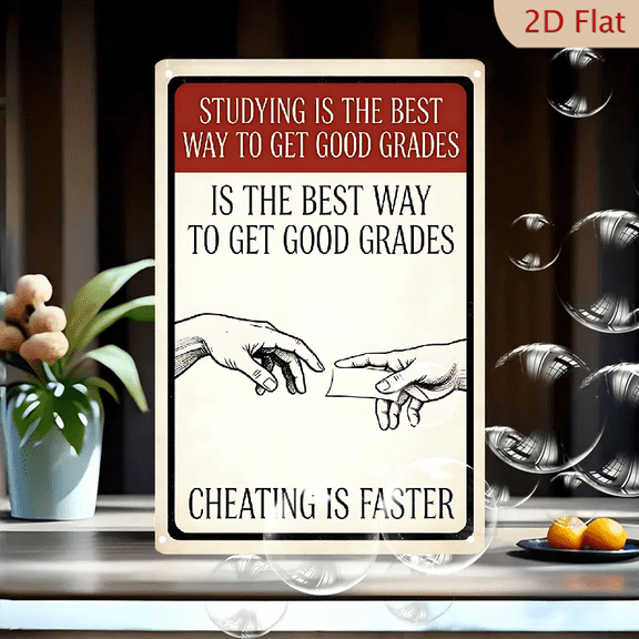 8x12 Inches Funny Satirical Art Print "Studying vs Cheating" Inspired by Creation of Adam, Ironic Classroom Wall Decor for Students, Metal Tin Sign, Humorous Education Gift