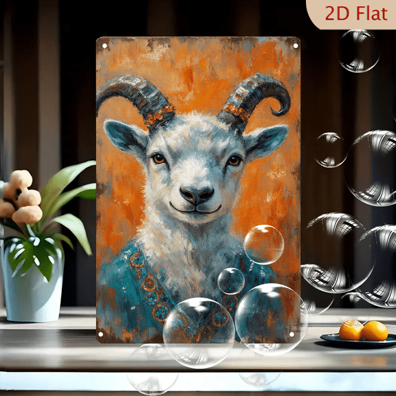 8x12 Inches Goat Portrait Metal Wall Art, Painterly Oil Painting Style, White Furry Creature with Curved Horns in Teal Robe, Warm Ochre Background, Rustic Decorative Home Office Gift