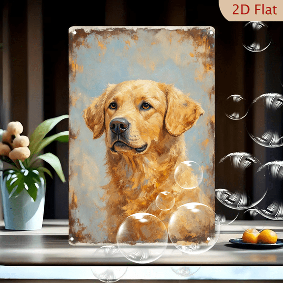8x12 Inches Golden Retriever Impressionist Oil Painting Metal Wall Art, Distressed Rusty Edge Vintage Sign Plaque for Home Decor