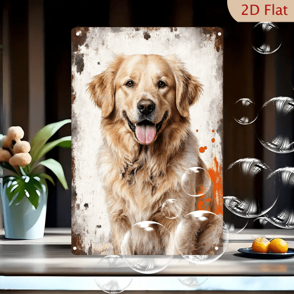 8x12 Inches Golden Retriever Portrait Wall Art, Happy Dog with Tongue Out on Vintage Textured Background, Retro Brown & Orange Splatter Metal Print for Living Room Decor