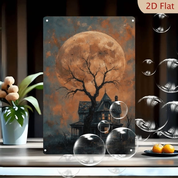 8x12 Inches Gothic Haunted House Art Print, Vintage Victorian Mansion with Full Moon & Twisted Trees, Oil Painting Style Wall Decor for Living Room, Spooky Atmosphere Home Office Poster