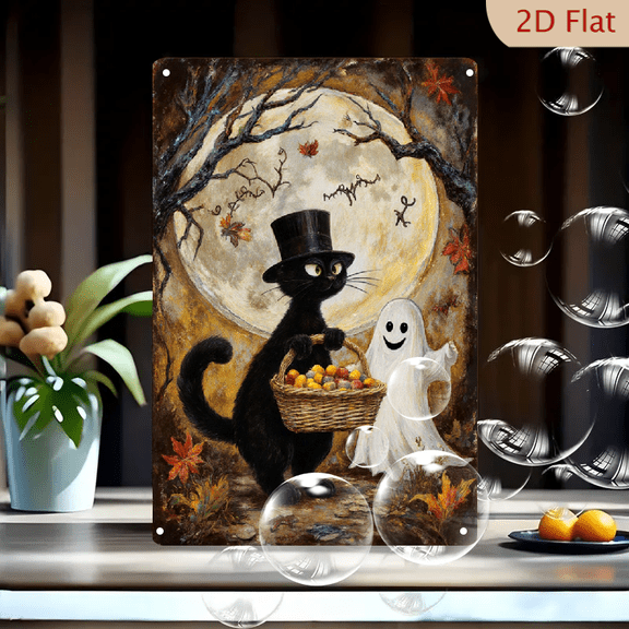 8x12 Inches Halloween Wall Art Tin Sign, Whimsical Vintage Black Cat in Top Hat with Pumpkin Basket and Friendly Ghost, Full Moon Night Scene with Autumn Leaves and Bats, Cozy Spooky Folk Art Decor f