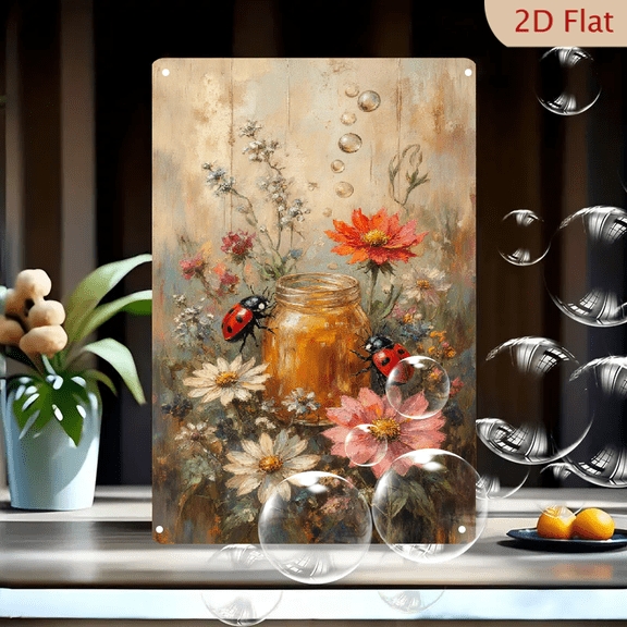 8x12 Inches Honey Jar Wildflowers Ladybugs Wall Art, Impressionist Still Life Painting on Metal Tin Sign, Cozy Nostalgic Decor for Kitchen Living Room