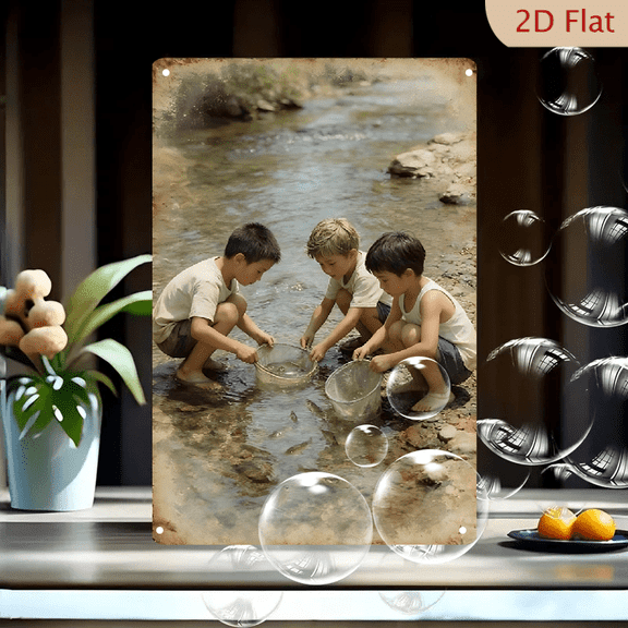 8x12 Inches Kids Fishing Stream Wall Art Metal Tin Sign, Three Boys Catching Fish in Sunlit River with Clear Water and Smooth Stones, Rustic Nature Decor for Home Office or Nursery