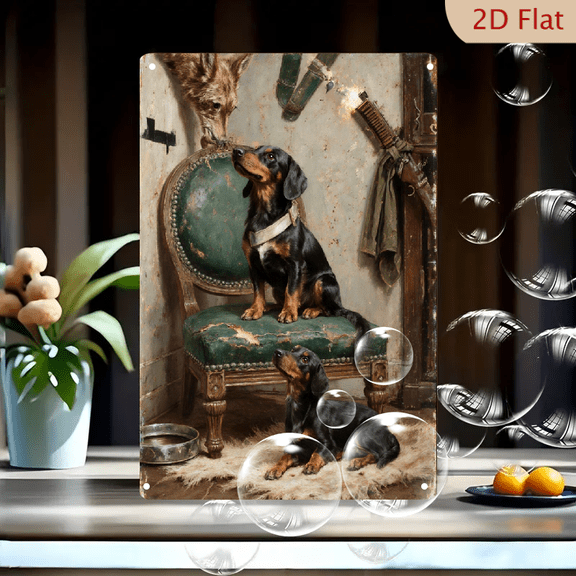 8x12 Inches Metal Wall Art, Classic Hunting Scene with Two Dachshunds in Rustic Lodge, Vintage Fox Head Trophy and Rifle Decor for Man Cave or Living Room