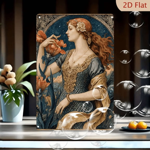 8x12 Inches Metal Wall Art, Classical Woman with Red Hair Holding Orange Poppy Flower, Ornate Teal Dress and Golden Sash, Starry Night Sky Background, Romantic Allegorical Painting for Home Decor
