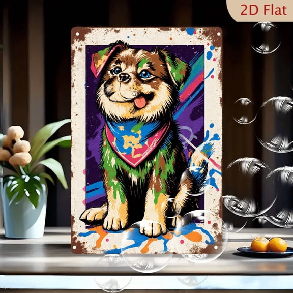 8x12 Inches Metal Wall Art, Cute Puppy with Colorful Paint Splatters on Cosmic Starry Background, Pop Art Style Dog Illustration with Tie-Dye Bandana, Rusty Metal Frame Decor for Kids Room