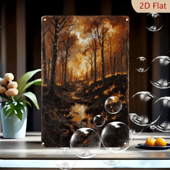 8x12 Inches Metal Wall Art, Dramatic Forest Fire Scene with Charred Trees and Fiery Sky, Expressive Textured Wildfire Painting for Home Decor