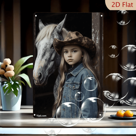 8x12 Inches Metal Wall Art Featuring a Serious Girl in Camo Cowboy Hat and Denim Jacket Standing Beside a Dapple Grey Horse in Rustic Barn, Dramatic Portrait Print for Home Decor