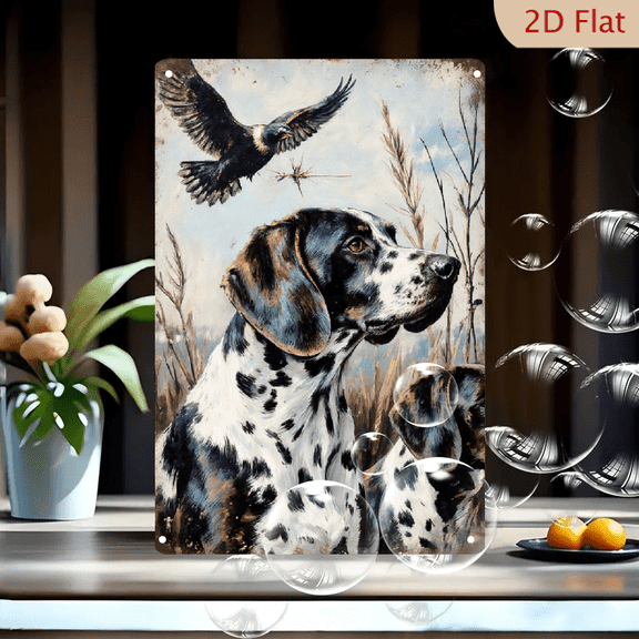 8x12 Inches Metal Wall Art Featuring Two German Shorthaired Pointers in Field with Bird and Dragonfly, Rustic Outdoor Hunting Dog Painting for Home Decor