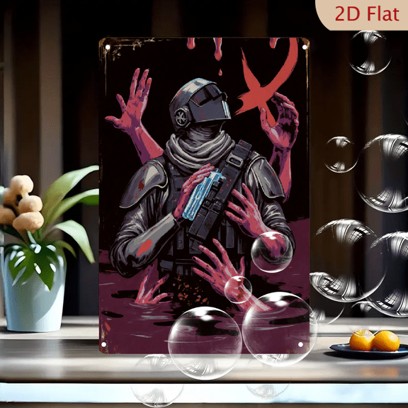 8x12 Inches Metal Wall Art, Futuristic Tactical Soldier with Helmet and Gun Surrounded by Reaching Hands, Abstract Red Bird Splash on Dark Background, Comic Book Style Graphic Illustration for Home D