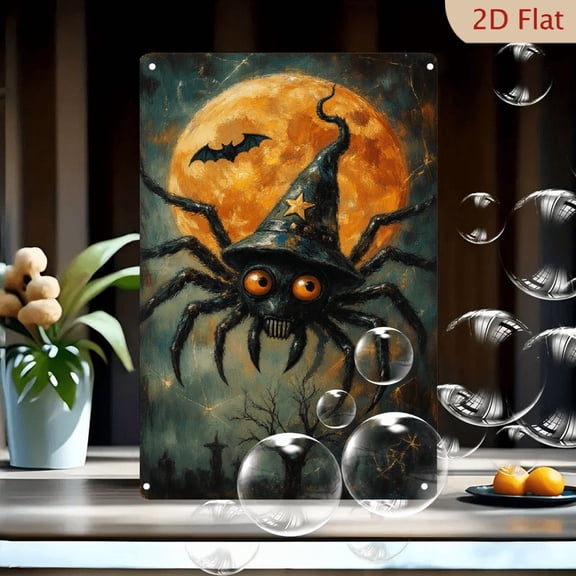 8x12 Inches Metal Wall Art, Halloween Spider in Witch Hat with Glowing Eyes, Spooky Bat and Full Moon Scene, Haunted Graveyard Trees, Dark Eerie Atmosphere, Vintage Tin Sign for Home Decor
