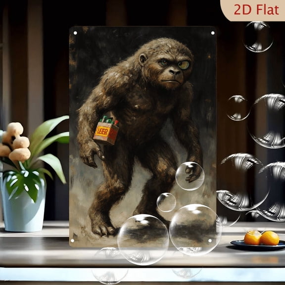 8x12 Inches Metal Wall Art, Humanoid Ape-Like Yeti Bigfoot Creature with One Yellow-Green Eye, Holding "LEER" Box with Crayon-Like Objects, Misty Dark Background Realistic Surreal Style Tin Sign