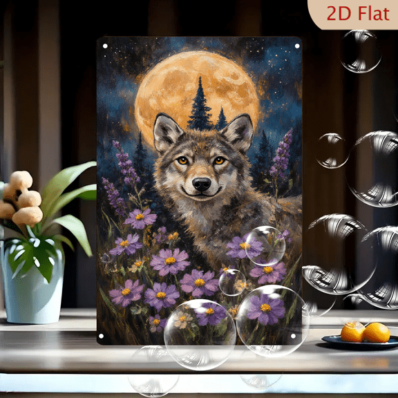 8x12 Inches Metal Wall Art, Majestic Wolf Portrait with Golden Eyes in Purple Wildflower Field Under Glowing Full Moon and Starry Sky, Realistic Fantasy Home Decor for Living Room