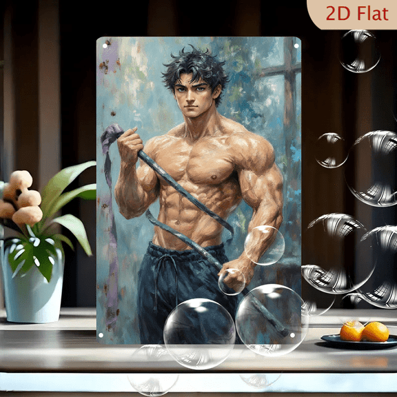8x12 Inches Metal Wall Art, Muscular Man with Staff Painting, Abstract Impressionist Style, Dark Blue Pants and Purple Ribbon, Dramatic Lighting on Golden Skin, Rust and Teal Background, Modern Home