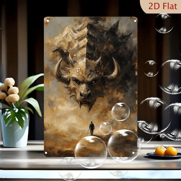 8x12 Inches Metal Wall Art, Mythic Monster Bull Head with Glowing Eyes Emerging from Storm Clouds, Tiny Human Figure Confronting Giant Beast, Dramatic Painterly Ominous Decor for Home Office