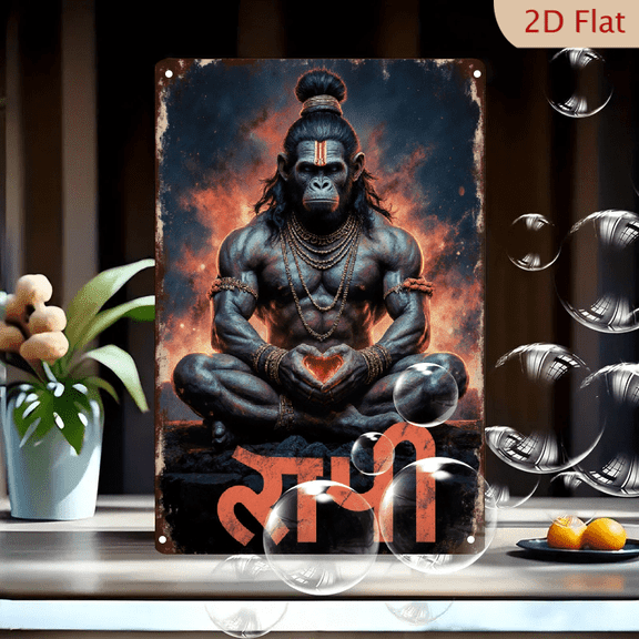 8x12 Inches Metal Wall Art, Mythological Monkey God in Lotus Meditation with Glowing Hands and Cosmic Nebula Background, Hindu Ram Devanagari Script Decor for Living Room
