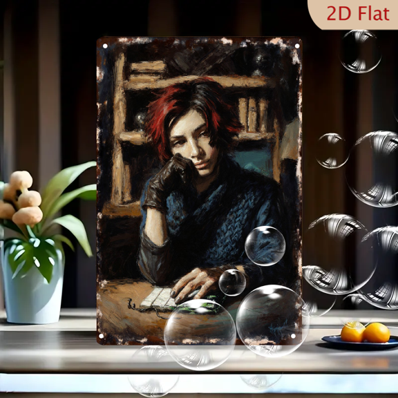 8x12 Inches Metal Wall Art, Painterly Portrait of Contemplative Young Person with Red Highlights, Rustic Bookshelf Background, Classical Chiaroscuro Style, Moody Earthy Tones, Modern Home Decor for L