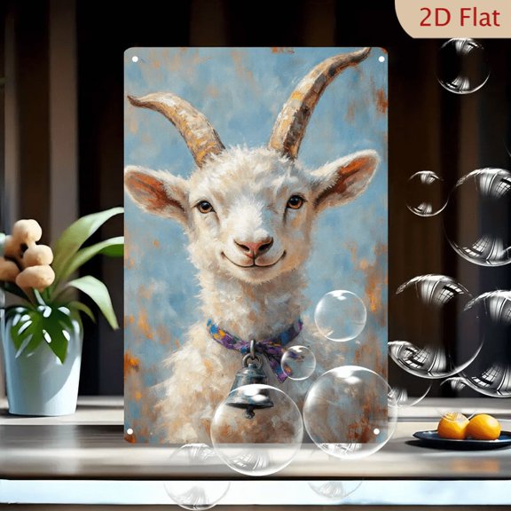 8x12 Inches Metal Wall Art, Painterly Portrait of Cute Young Goat with Curved Horns and Colorful Bell, Abstract Blue and Orange Background, Modern Farmhouse Decor for Living Room or Nursery