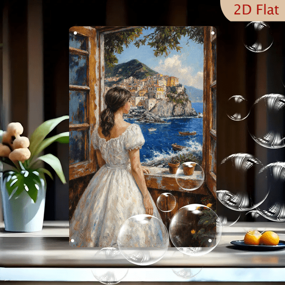8x12 Inches Metal Wall Art Painting of Woman in White Dress Gazing at Mediterranean Coastal Village with Colorful Hillside Houses and Blue Sea, Romantic Serene Seascape Decor for Living Room