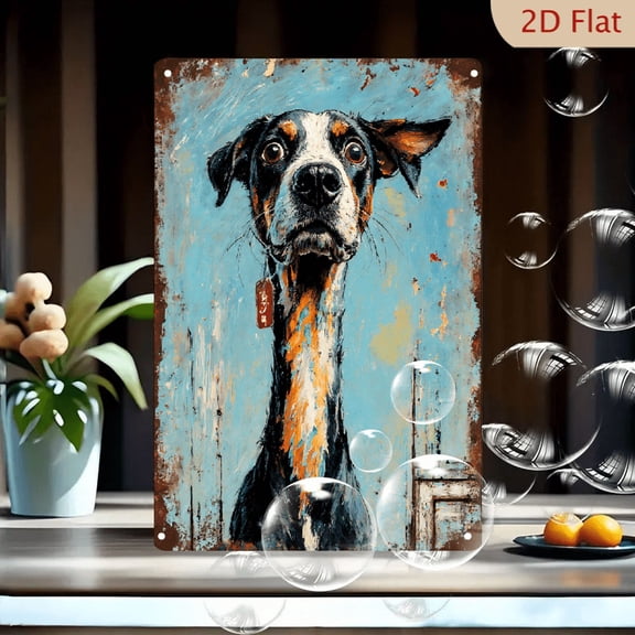 8x12 Inches Metal Wall Art, Stylized Painterly Portrait of Black and White Great Dane with Tan Accents, Rustic Blue Distressed Background, Modern Home Decor for Living Room