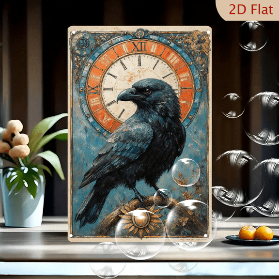 8x12 Inches Metal Wall Art, Surreal Black Crow on Branch with Ornate Roman Numeral Clock, Victorian Floral Teal Background, Vintage Gears & Sunflower Emblem Home Decor