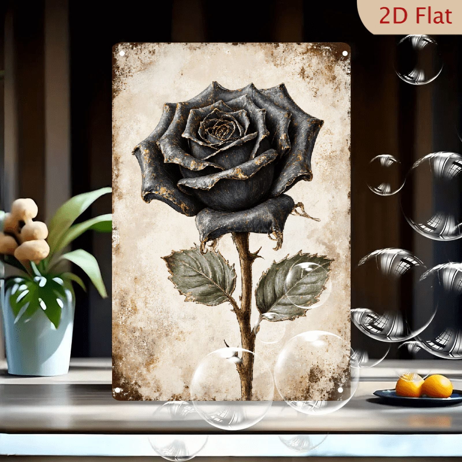 8x12 Inches Metal Wall Art, Vintage Dark Grey Rose with Gold Highlights ...