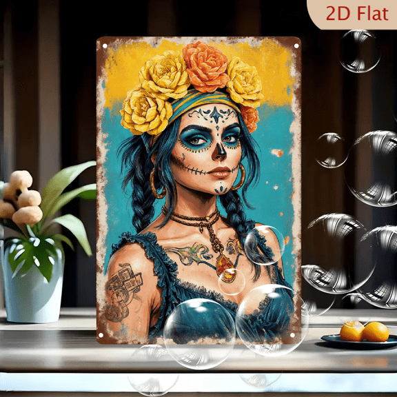 8x12 Inches Metal Wall Art, Vintage Day of the Dead Woman with Floral Crown and Sugar Skull Makeup, Retro Yellow Turquoise Background, Distressed Texture, Home Decor for Living Room