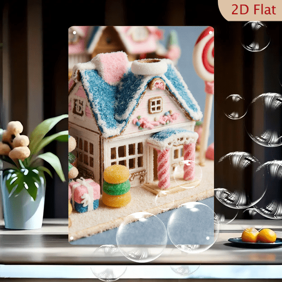 8x12 Inches Metal Wall Art, Whimsical Candy Gingerbread House with Blue Snow Roof, Pink Marshmallow Chimney, Candy Cane Pillars, Fairy Tale Winter Wonderland Decor for Home Holiday Gift