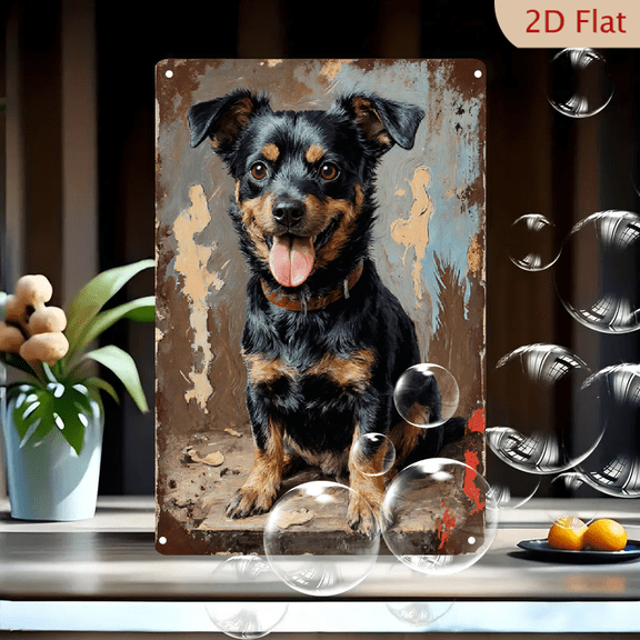 8x12 Inches Miniature Pinscher Dog Portrait Oil Painting Wall Art, Vintage Rustic Peeling Paint Background with Silhouettes, Black and Tan Canine on Weathered Wood, Happy Panting Pet Canvas Print for