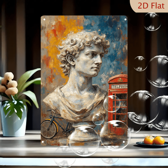 8x12 Inches Modern Abstract Metal Wall Art Featuring Classical Marble Bust, Vintage Blue Bicycle & Red British Phone Booth on Dynamic Warm-to-Cool Gradient Background for Living Room Decor