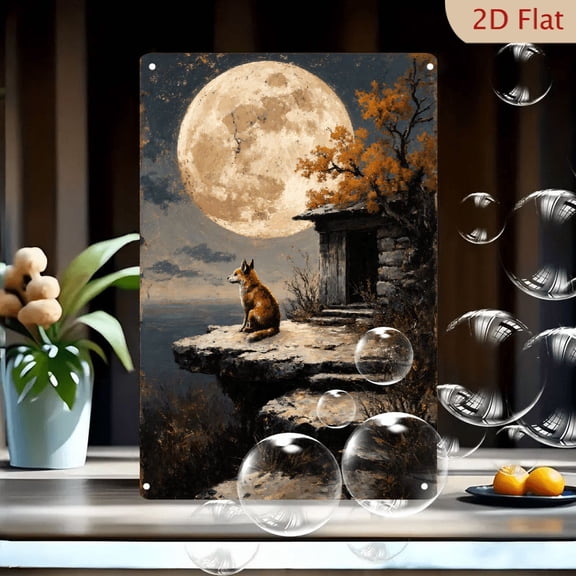 8x12 Inches Moody Night Fox on Cliff with Full Moon, Rustic Stone Ruin and Autumn Trees, Painterly Oil Painting Style Wall Art for Home Decor