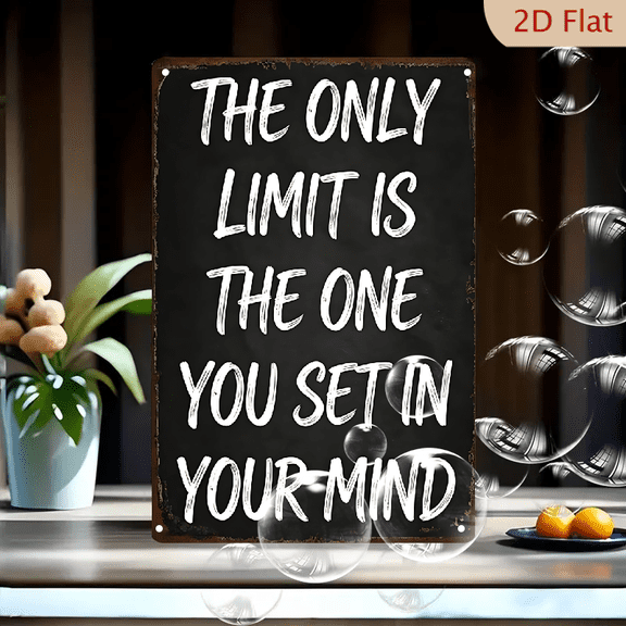 8x12 Inches Motivational Quote Wall Art, Rustic Chalkboard Style Metal Tin Sign "The Only Limit Is The One You Set In Your Mind", Inspirational Brush Stroke Lettering for Home Office Decor