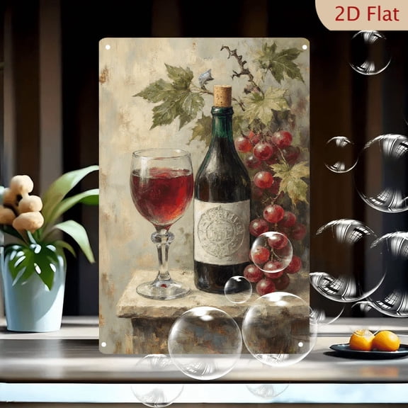 8x12 Inches Red Wine and Grapes Still Life Impressionist Metal Wall Art Print, Classic Wine Bottle Glass with Ripe Fruit on Stone Ledge for Kitchen Dining Room Decor